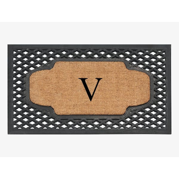 A1 Home Collections A1HC Mesh Border Black 23 in. x 38 in. Rubber and Coir Heavy-Weight Outdoor Durable Monogrammed V Door Mat