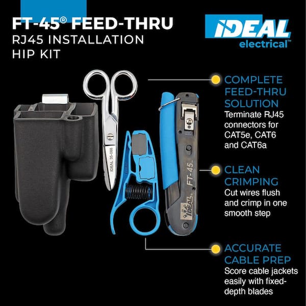 Feed-Thru RJ45 Installation Hip Kit with FT-45 Crimper, PrepPRO Cable Stripper, Scissors, and Pouch