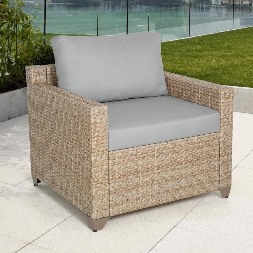 Maui Outdoor Club Chair in Natural Aged Wicker with Stone Cushions