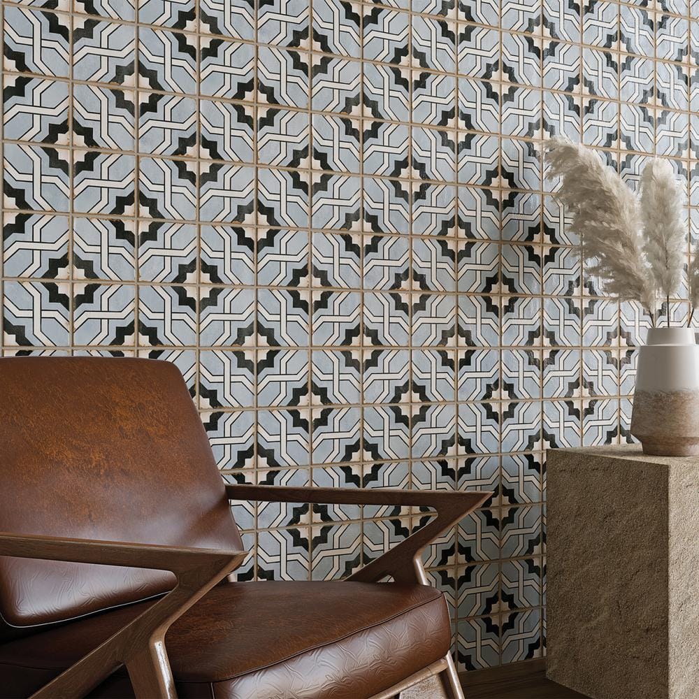 Casablanca 5" x 5" Blue and Black Ceramic Patterned Tile