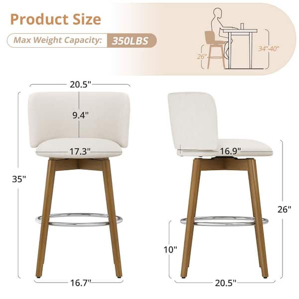 34.5 in. PTLK Beige Fabric 360° Swivel Solid Wood Frame High Back Bar Stool Metal Footrest Counter Height Stool Set of 1