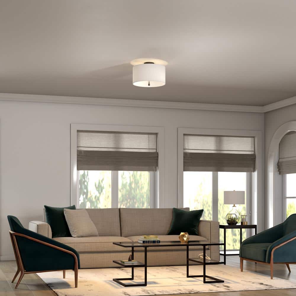 Ellis 16" Matte Black Modern Drum Flush Mount with Linen Shade