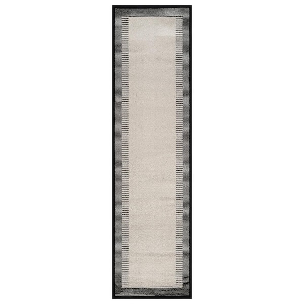 Modern Abstract Bordered Runner Rug for Living Room, Bedroom, or Entryway 2 ft. x 8 ft. Cream