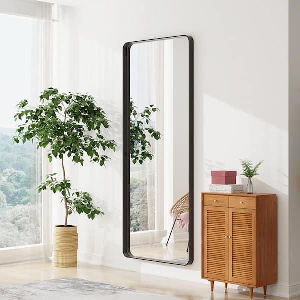 21 in. W x 64 in. H Rectangular Modern Black Aluminum Framed Rounded Full Length Mirror