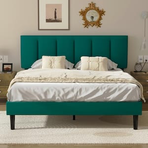 Upholstered Bedframe, Green Metal Frame Queen Platform Bed with Adjustable Headboard, Wood Slat, No Box Spring Needed