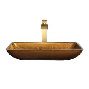 Handmade Countertop Gold Glass Rectangular Bathroom Vessel Sink with Faucet and Pop-Up Drain