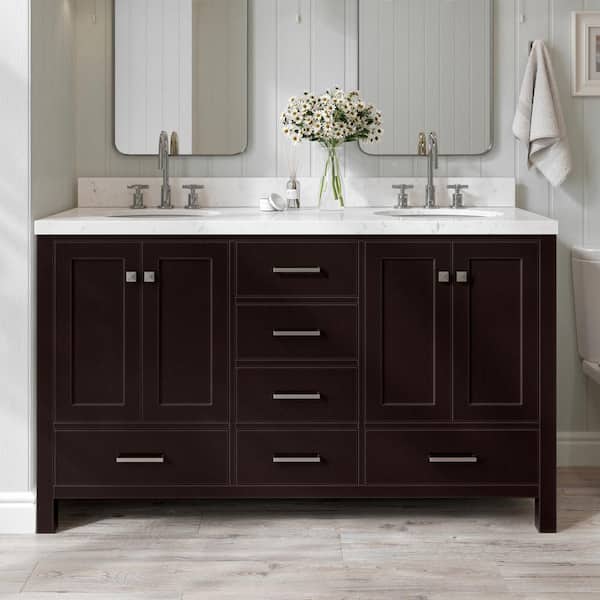 ARIEL Cambridge 60 in. W x 22 in. D x 36 in. H Double Oval Sink Bath Vanity in Espresso with Carrara White Quartz Top