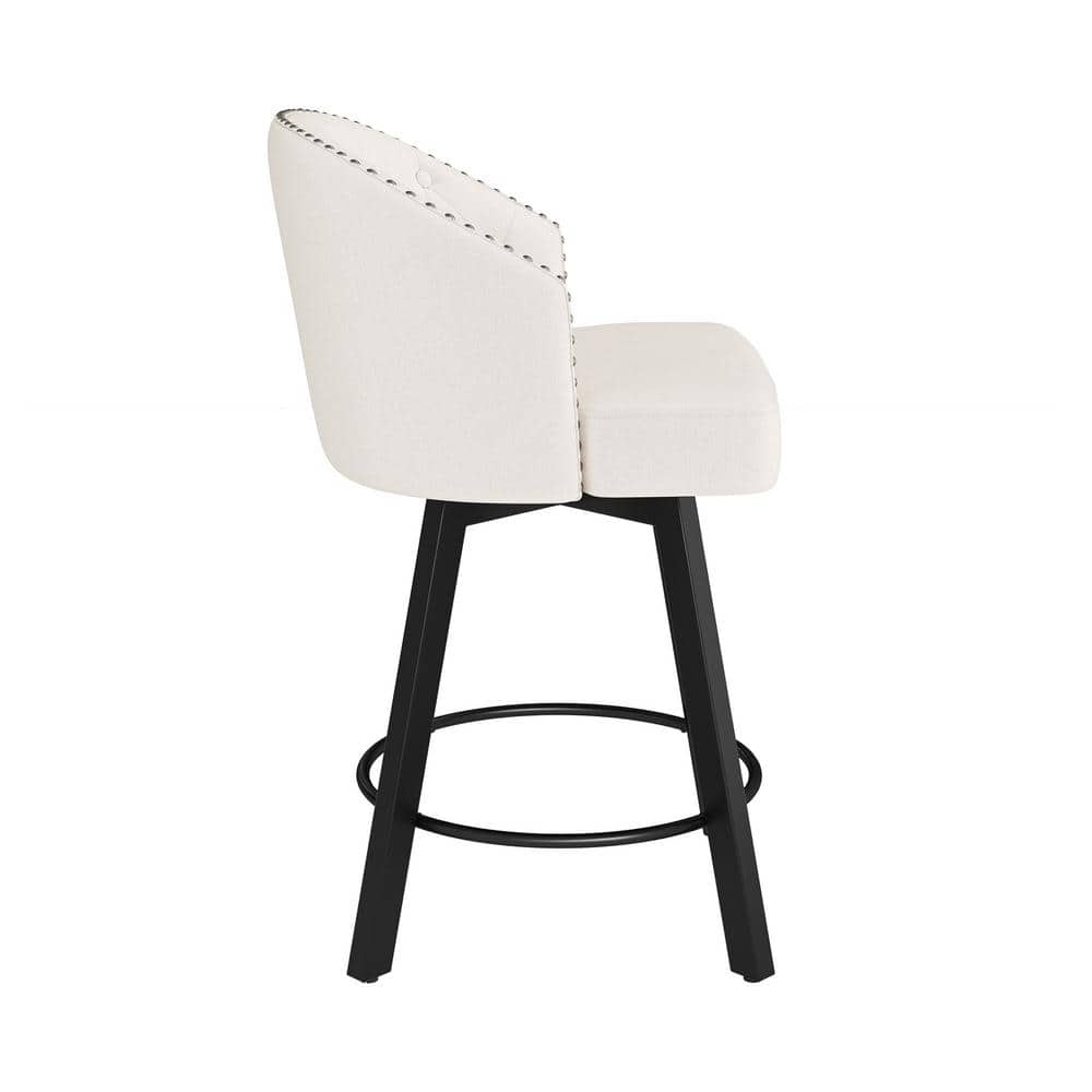 Beige Linen Upholstered Swivel Counter Stools with Metal Frame, Set of 2