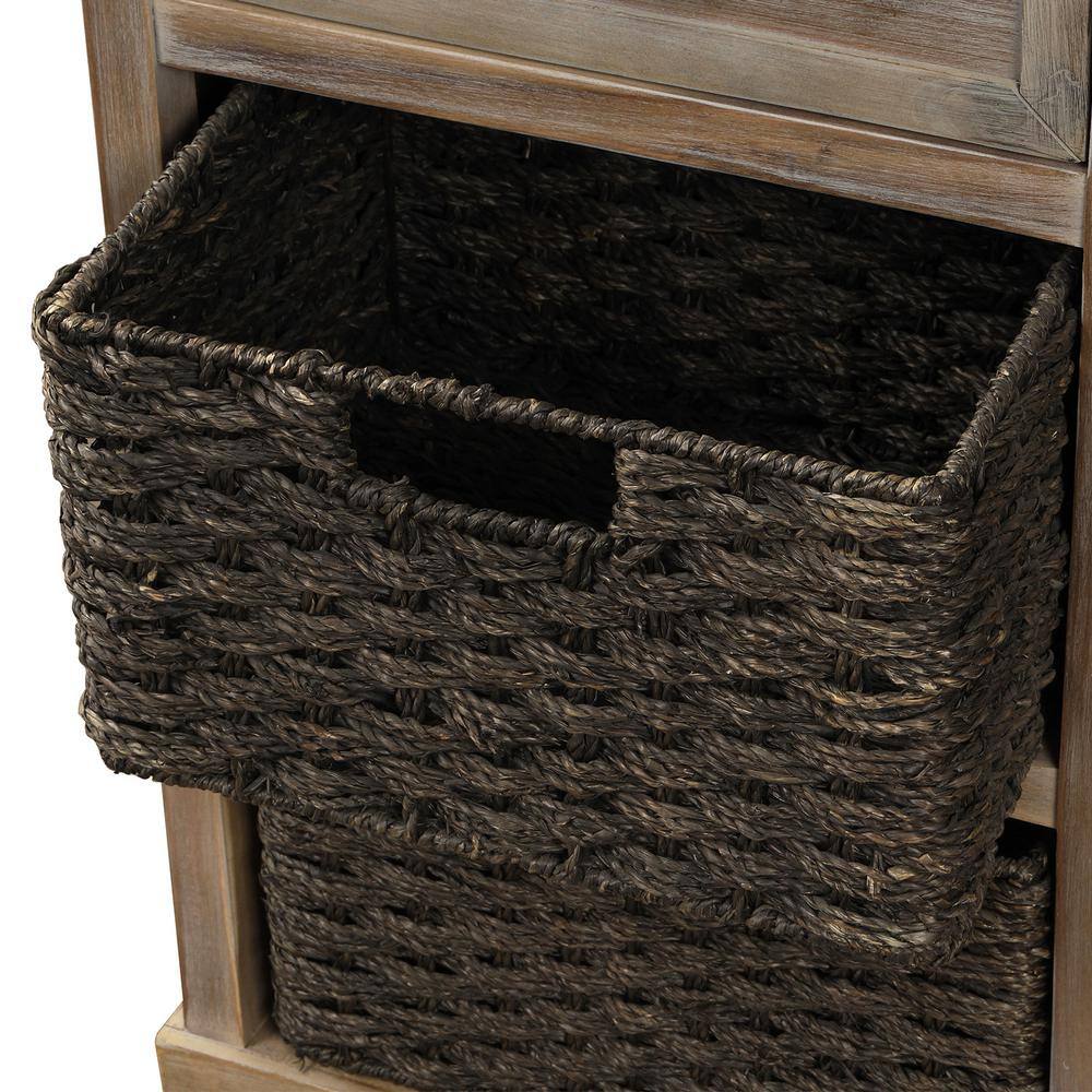 White Washed Rustic Pine Accent Cabinet with Wicker Baskets