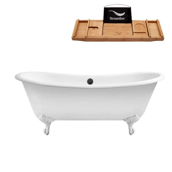 Streamline 71 in. Cast Iron Clawfoot Non-Whirlpool Bathtub in Glossy White with Matte Black Drain and Glossy White Clawfeet