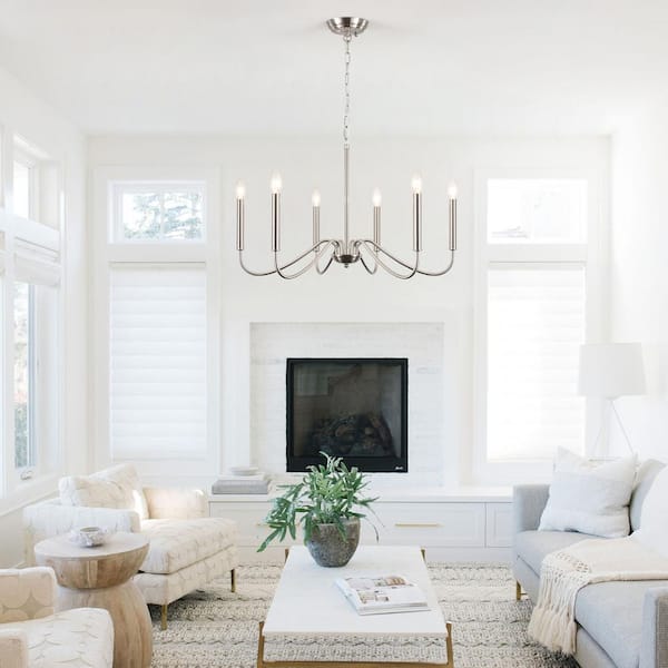 6-Light Nickel/Sliver Candle Design Hanging Linear Chandelier Lighting for Kitchen Island