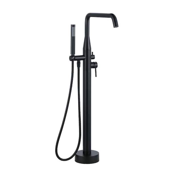 Single Handle Floor Mount Freestanding Tub Faucet with Hand Shower in Matte Black