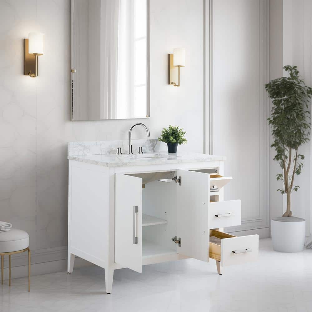 42'' White MDF Freestanding Single Bathroom Vanity with Engineered Marble Top