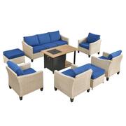 Camellia B Beige 8-Piece Wicker Patio New Style Rectangular Fire Pit Seating Set with Navy Blue Cushions