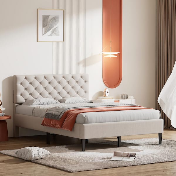 Harper & Bright Designs Beige Wood Frame Full Size Linen Upholstered Platform Bed with Button Tufted Headboard