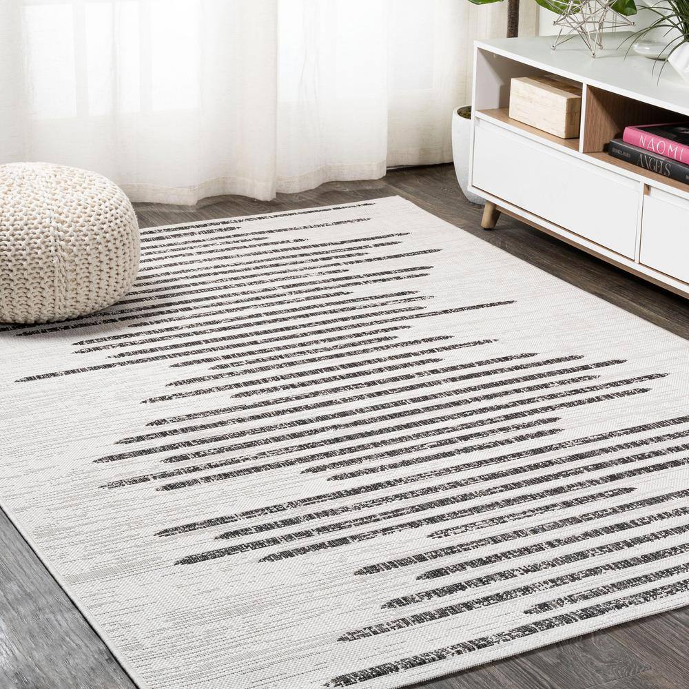 Ivory & Black Striped Synthetic 4' x 6' Easy-Care Area Rug