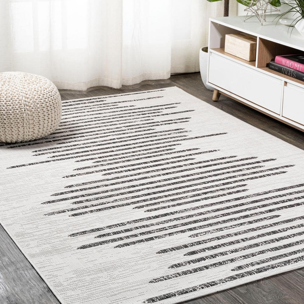 Ivory and Black Striped Synthetic 8' x 10' Reversible Rug