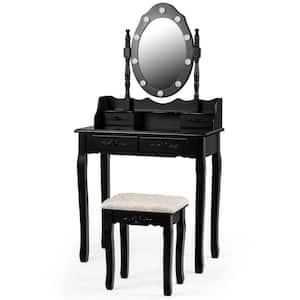 29.5 in. W x 16 in. D x 57.5 in. H Black Makeup Vanity Dressing Table Set with 10-Dimmable Bulbs Cushioned Stool
