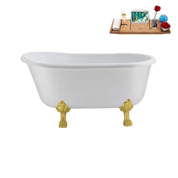 Streamline 57 in. Acrylic Clawfoot Non-Whirlpool Bathtub in Glossy White with Polished Gold Drain and Polished Gold Clawfeet