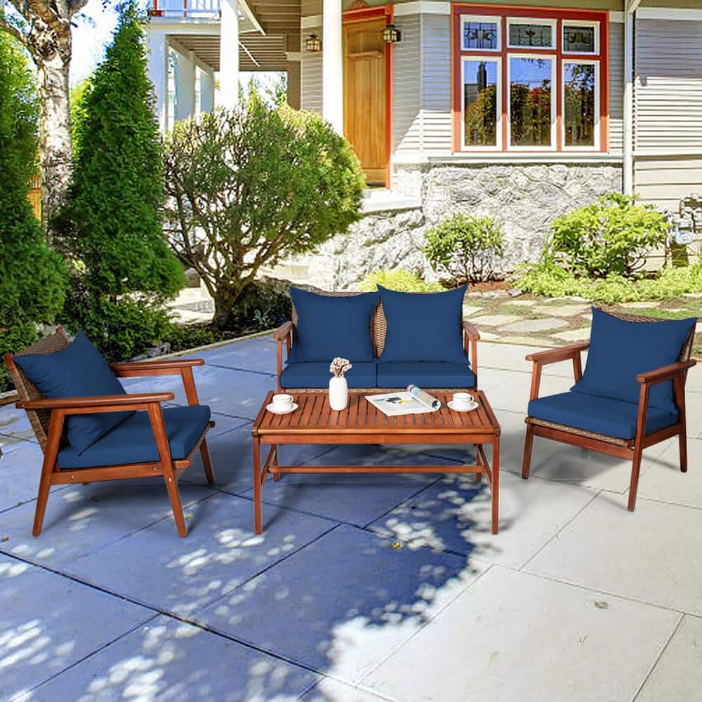 Navy Acacia Wood and Rattan 4-Piece Outdoor Patio Set