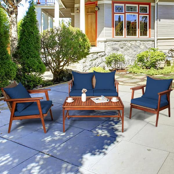 ANGELES HOME 4-Piece Acacia Wood Patio Conversation Set with Zippered Navy Cushions and Rattan Seat Back