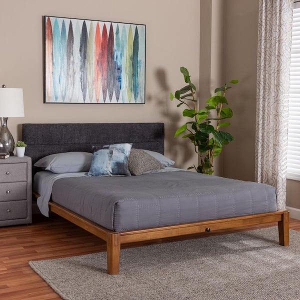 Mariette Dark Grey Teddy Fabric and Walnut Brown Wood Frame Queen Platform Bed