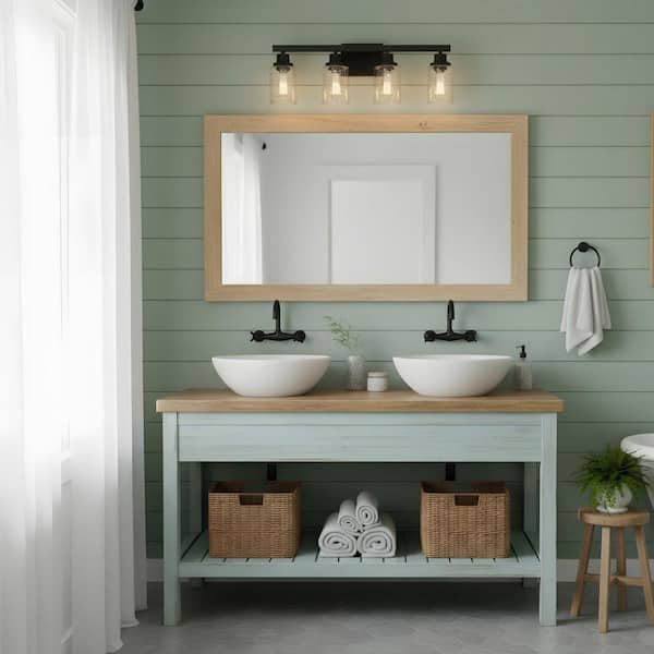 24.2 in. 4-Light Modern Matte Black Bathroom Vanity Light with Classic Glass Shades