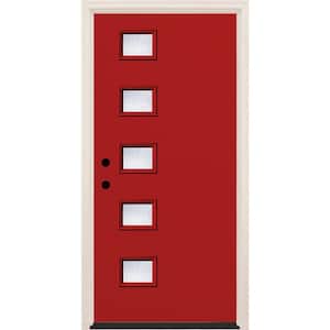 36 in. x 80 in. Right-Hand/Inswing 5 Lite Rain Glass Ruby Red Painted Fiberglass Prehung Front Door w/4-9/16 in. Frame