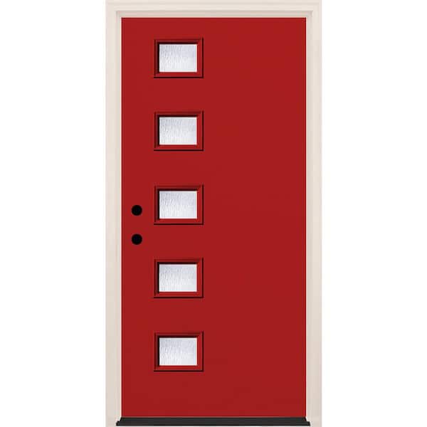 Builders Choice 36 in. x 80 in. Right-Hand/Inswing 5 Lite Rain Glass Ruby Red Painted Fiberglass Prehung Front Door w/4-9/16 in. Frame