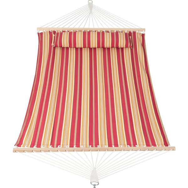 Atesun Double Hammock Quilted Fabric Swing with Spreader Bar, Detachable Pillow, 55" x 79" Large Hammock, Red Stripes