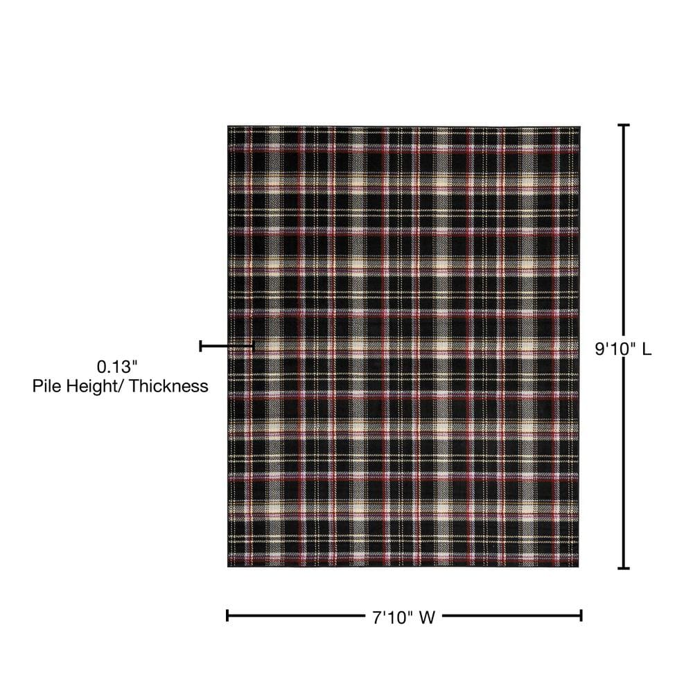 Hand-Knotted Black Plaid 8' x 10' Synthetic Area Rug