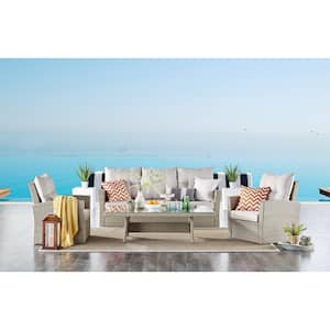 Canaan 4-Piece All-Weather Wicker Outdoor Dining Set with Deep-Seat Sofa with Cushions, 2-Arm Chairs and Coffee Table
