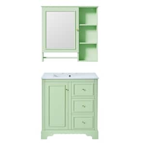 30 in. W. Single Sink Freestanding Bath Vanity in Green with White Ceramic Top and Mirror