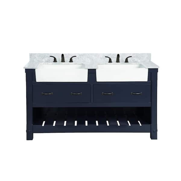 TILE & TOP Farmville 61 in. W x 22 in. D x 34.7 in. H Vanity in Navy Blue with Carrara Marble Vanity Top in White with White Basins