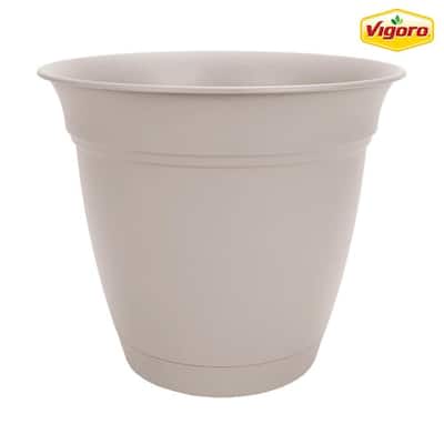 10 in. Mirabelle Medium White Plastic Planter (10 in. D x 8.8 in. H) with Drainage Hole and Attached Saucer