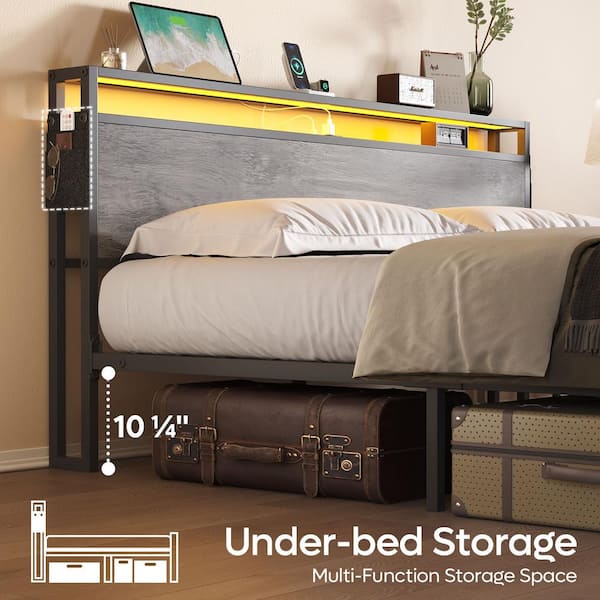 Bestier Grey Metal Frame King Size Platform Bed with Charge Station and  Storage Headboard, LED Lights B700793B-WGRW - The Home Depot