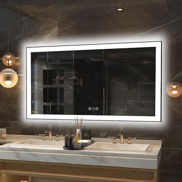 55 in. W x 30 in. H Rectangular Framed Premium Aluminum LED Wall Mounted Bathroom Vanity Mirror in Color Black