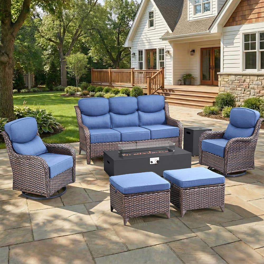 MoonLuxe Brown Wicker Fire Pit Conversation Set with Blue Olefin 6 in. Thick Cushions Patio Swivel Chairs (7-Piece) price history on PriceWatchPro