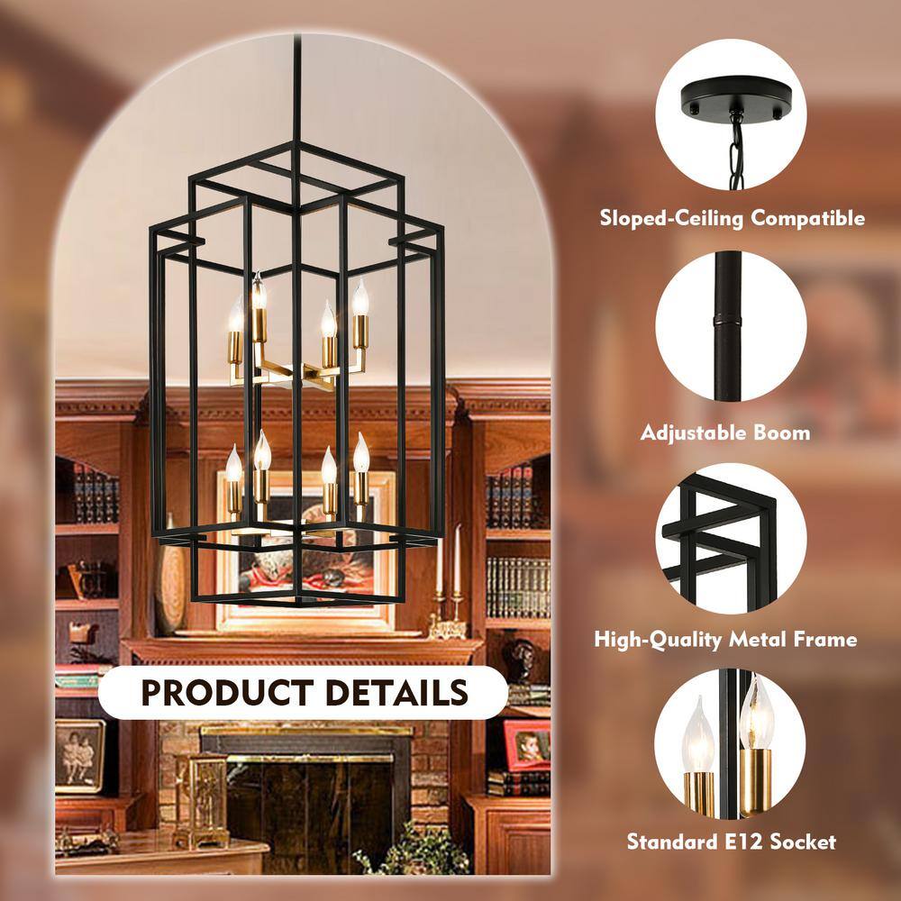 8-Light Black and Gold Industrial Lantern Chandelier