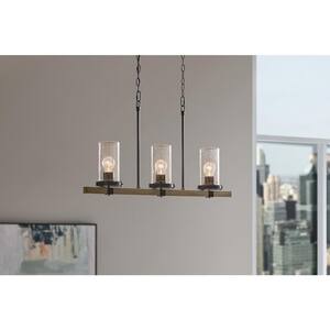 Richland 32 in. W 3-Light Grey Wood Finish Island Linear Pendant with Clear Seedy Glass