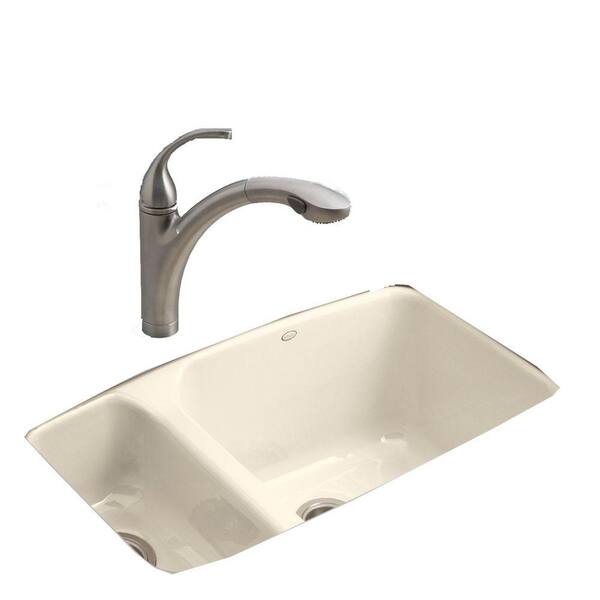 KOHLER Lakefield Undermount Cast Iron 17.31 in. 5-Hole Double Kitchen Sink in Almond-DISCONTINUED
