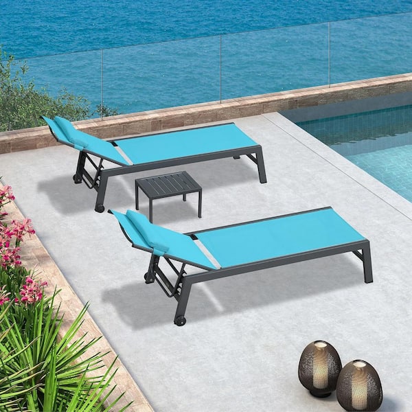 Oversize Black Frame Lounge of 3-Pieces Aluminum Outdoor Chaise Lounge with Cushion and Armrests, Blue