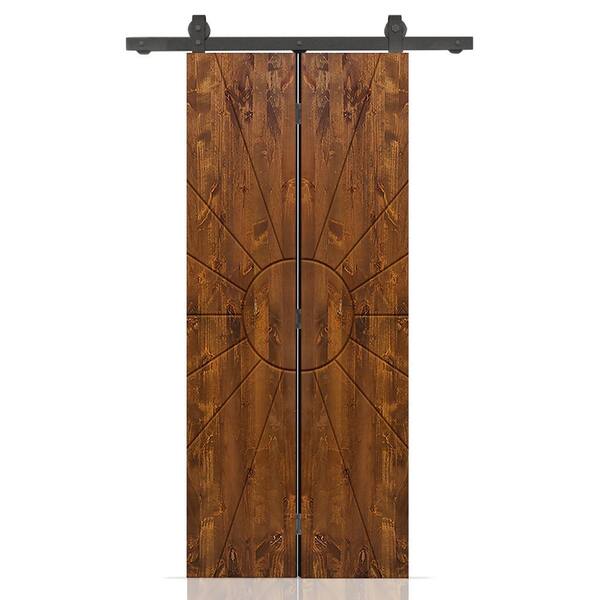 CALHOME Sun 26 in. x 80 in. Walnut Stained Hollow Core Pine Wood Bi-fold Door with Sliding Hardware Kit