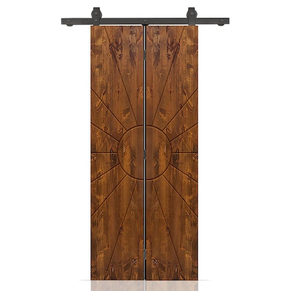 CALHOME Sun 32 in. x 84 in. Hollow Core Walnut Stained Pine Wood Bi-Fold Door with Sliding Hardware Kit