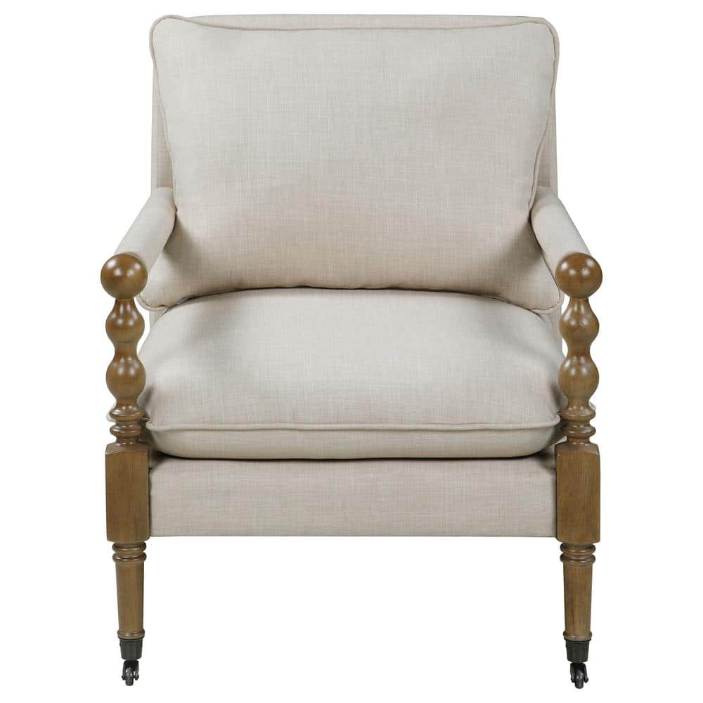 Beige Upholstered Wood Accent Chair with Turned Legs