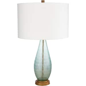 Glenalvon 27.75 in. Aqua/Brass Indoor Table Lamp with Off-White Drum Shaped Shade