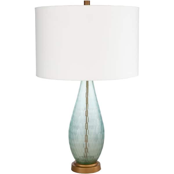 Livabliss Glenalvon 27.75 in. Aqua/Brass Indoor Table Lamp with Off-White Drum Shaped Shade