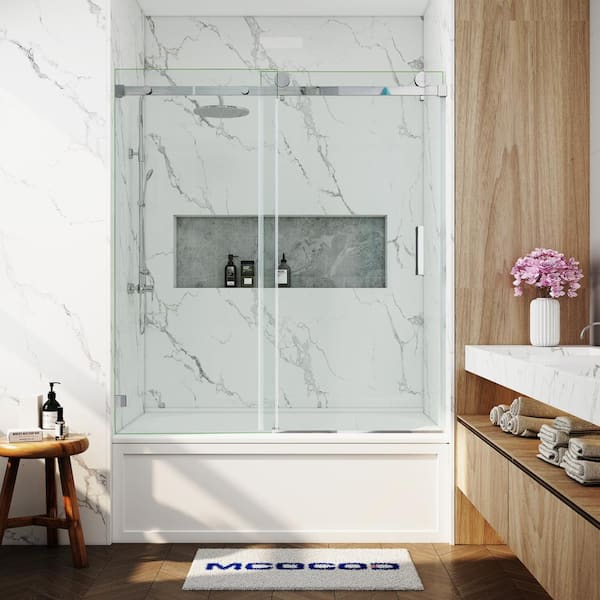 MCOCOD 56-60.5 in. W x 66 in. H Single Sliding Frameless Smooth Sliding Tub Door in Chrome with 3/8 in. Clear Glass