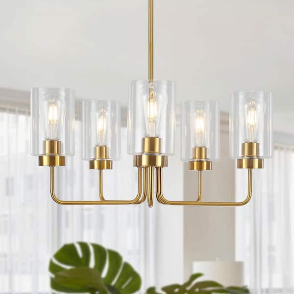 5-Light Gold Candlestick Hanging Linear Chandelier Lighting Fixture with Glass Shade for Kitchen Island