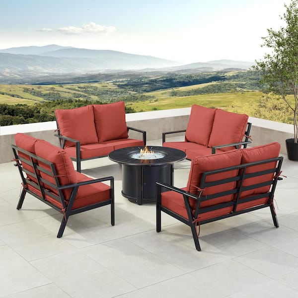 Oakland Living Black 5-Piece Aluminum Patio Fire Table Set with Red Cushions